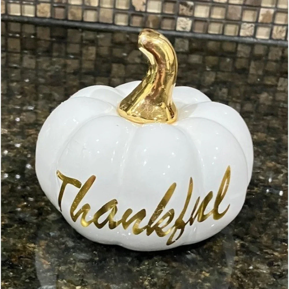 Fall Pumpkins Set of 3 White Ceramic with Gold Script Blessed Grateful Thankful